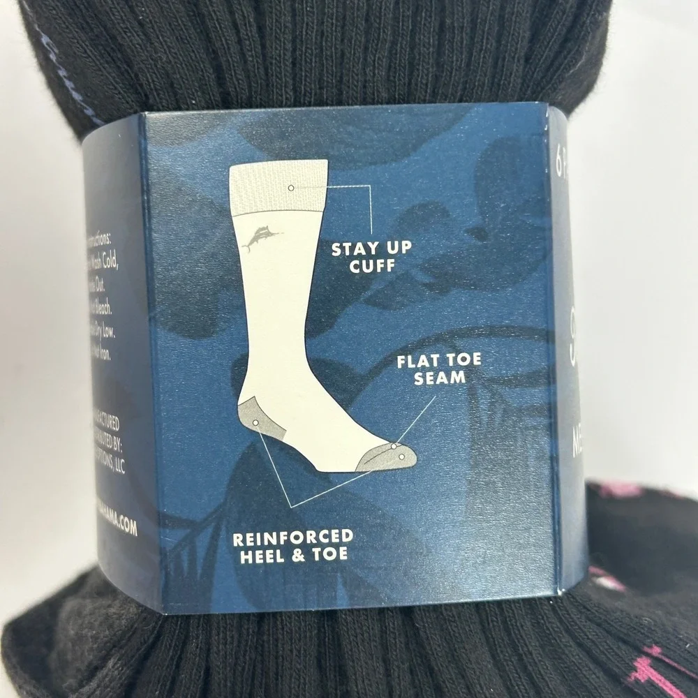 Tommy Bahama Mens 6 Pair Crew Socks Black Flamingo Palm Tree Marlin One‎ Size